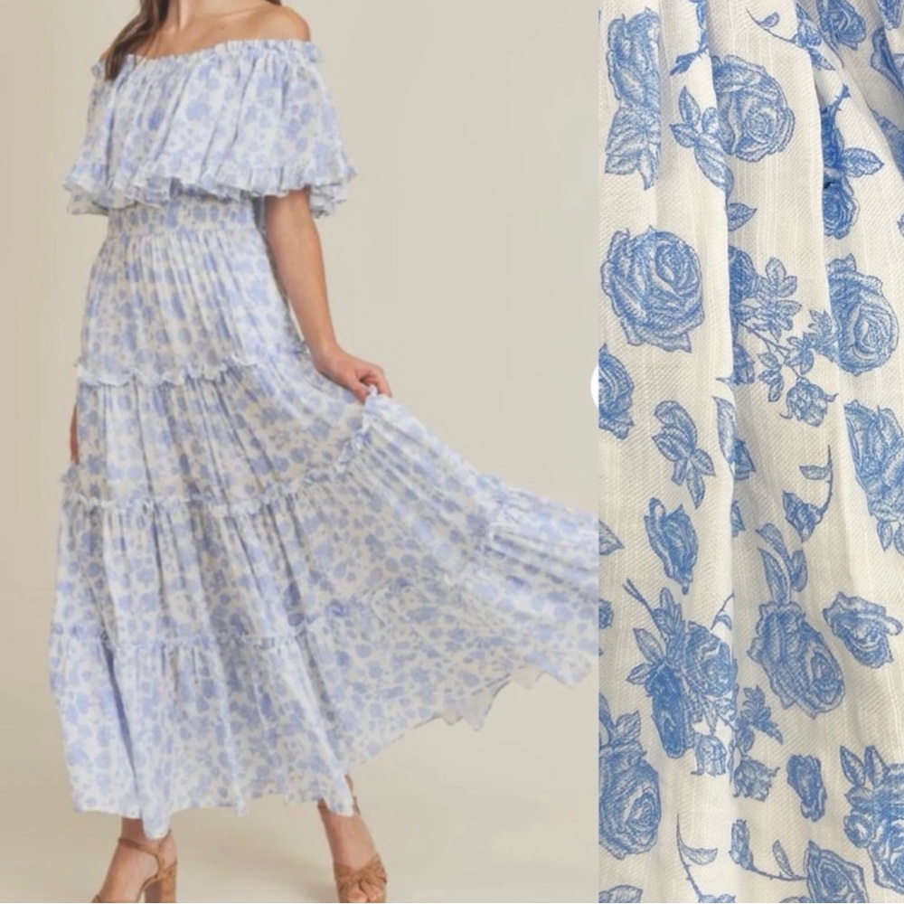 😊Mable X Anthropologie Rose Garden Tiered Ruffled Maxi Dress Blue Vintage Floral